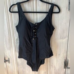 MASSIMO black one piece swimsuit bathing suit lace up gold detail sz M O…